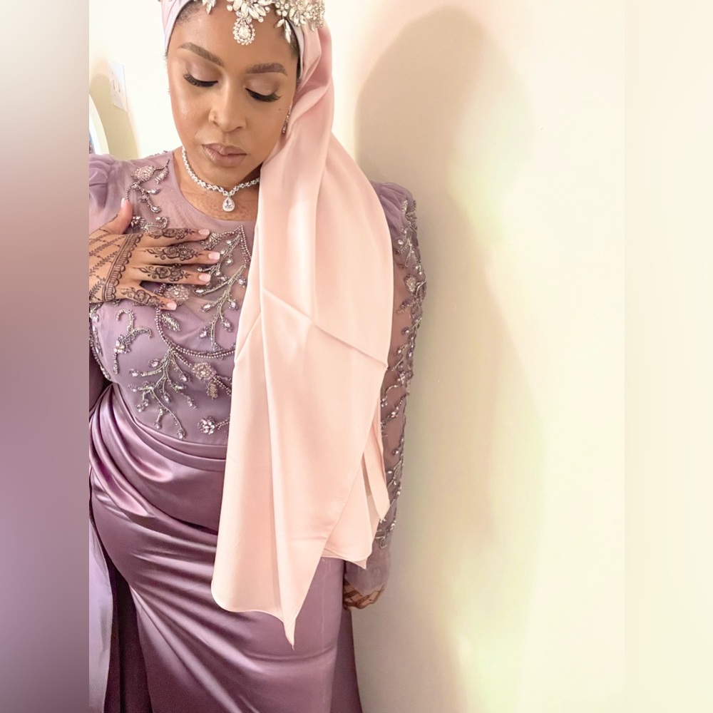 Purple long sleeve ball room engagement dress